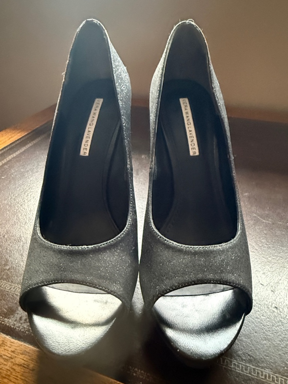 Vera Wang Lavender black shimmery peep toe heels Size 8M